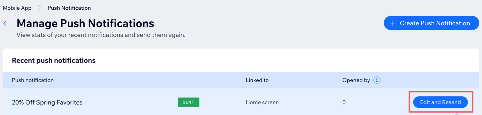 The Edit and Resend button next to a push notification in the dashboard