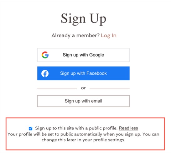 צילום מסך של תיבת הסימון Signup privacy footnote customization בעמוד ההרשמה באתר.