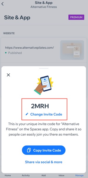 Une capture d'écran de la modification du code d'invitation sous les applis mobiles.