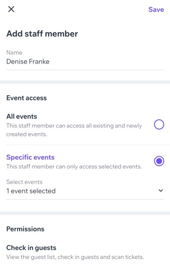 A screenshot of the Add staff member panel in the Check-in by Wix app.