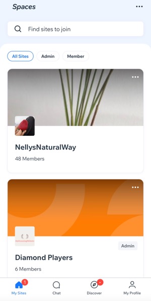 A screenshot of the My Sites tab in the Spaces by Wix app.