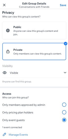 A screenshot of the Edit Group Details panel in the Wix Owner app.