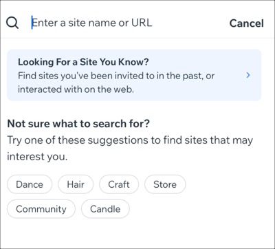 A screenshot of the different ways to search for a site  in the Spaces by Wix app.