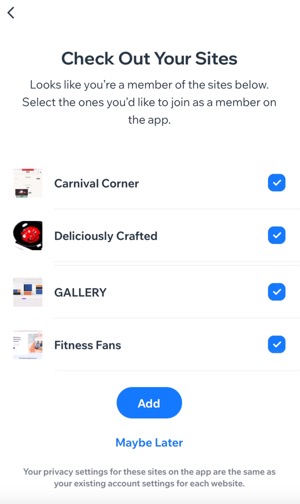 Spaces by Wix uygulamasında 'Sitem' ekranına eklemek üzere ilgili siteleri seçebileceğiniz bir ekran görüntüsü.