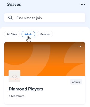 A screenshot of tapping on the Admin button in the Spaces by Wix app.
