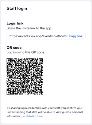 A screenshot of the Staff login panel to share login credentials in the Check-in by Wix app.