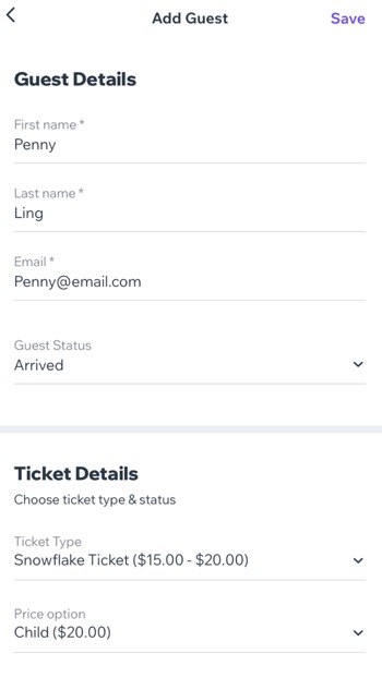 Screenshot des „Gäste hinzufügen“ Panel in der „Check-in by Wix“-App