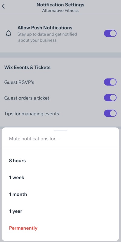 Choosing how long to mute notifications for in the Check-in by Wix app