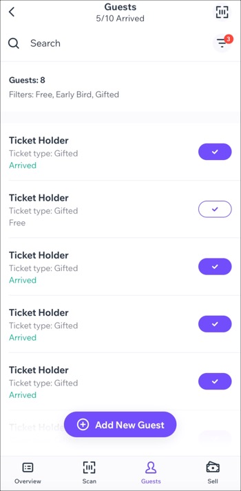 A screenshot of a guest list in the Check-in by Wix app.