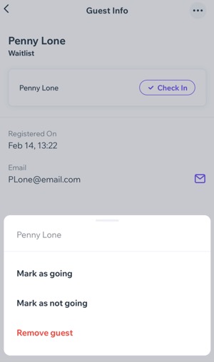 A screenshot of changing the status of a guest in the Check-in by Wix app.