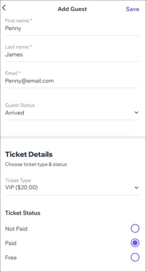 A screenshot of adding a new guest to the guest list in the Check-in by Wix app.