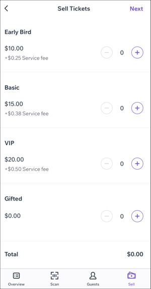 Une capture d'écran de la vente d'un billet dans l'appli Check-in by Wix.