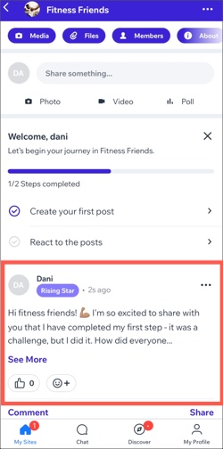 A screenshot of a participant's post in a group using the members' app