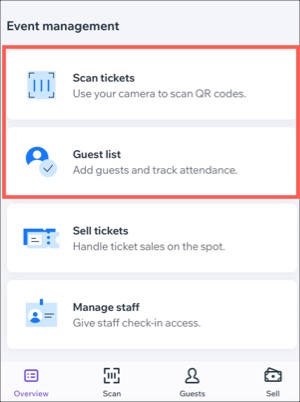 Check-in by Wix アプリの「イベント運営」パネルのスクリーンショット。