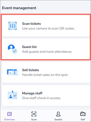 Captura de pantalla del panel de gestión de eventos en la app Check-in by Wix.