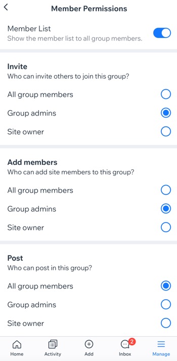 A screenshot of the Member Permissions panel in the Wix Owner app.