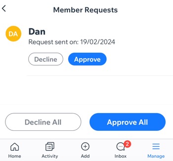 A screenshot of the Member Requests panel in the Wix Owner app.