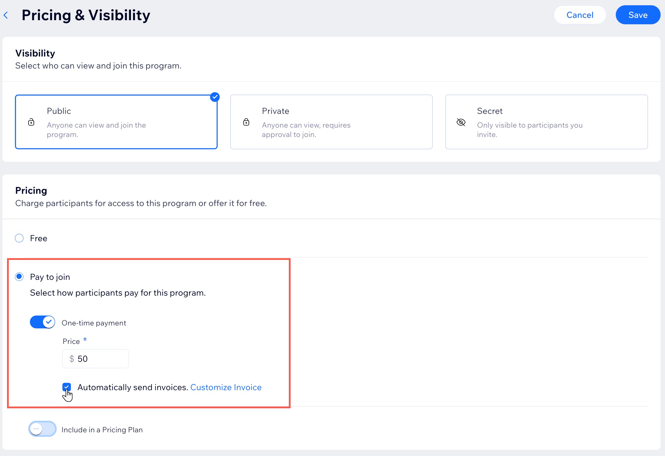 A screenshot of select the Pricing section to select the Automatically send invoice checkbox.