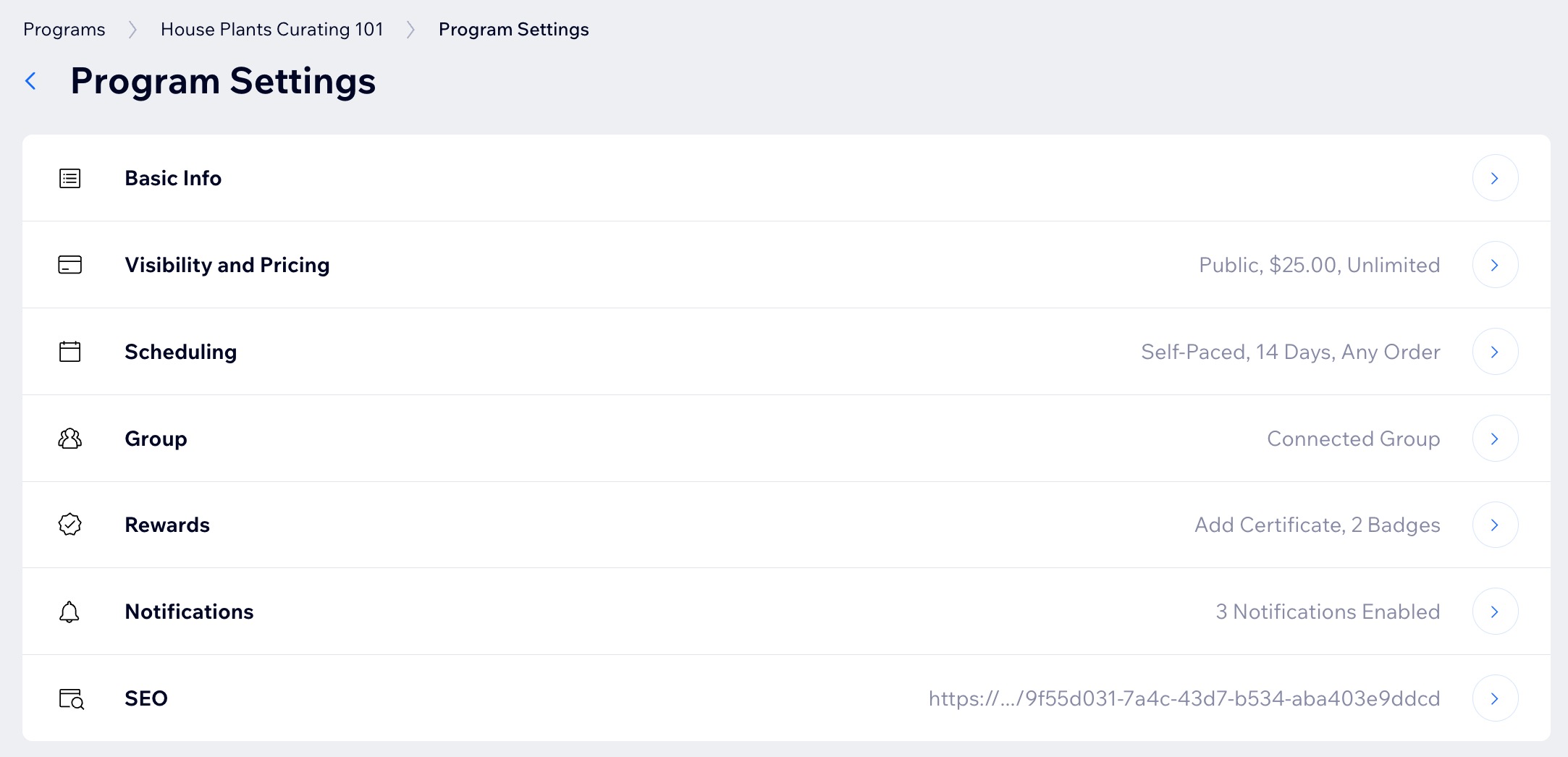 Uma captura de tela do painel Configurações do programa para Programas online no painel de controle de um site.