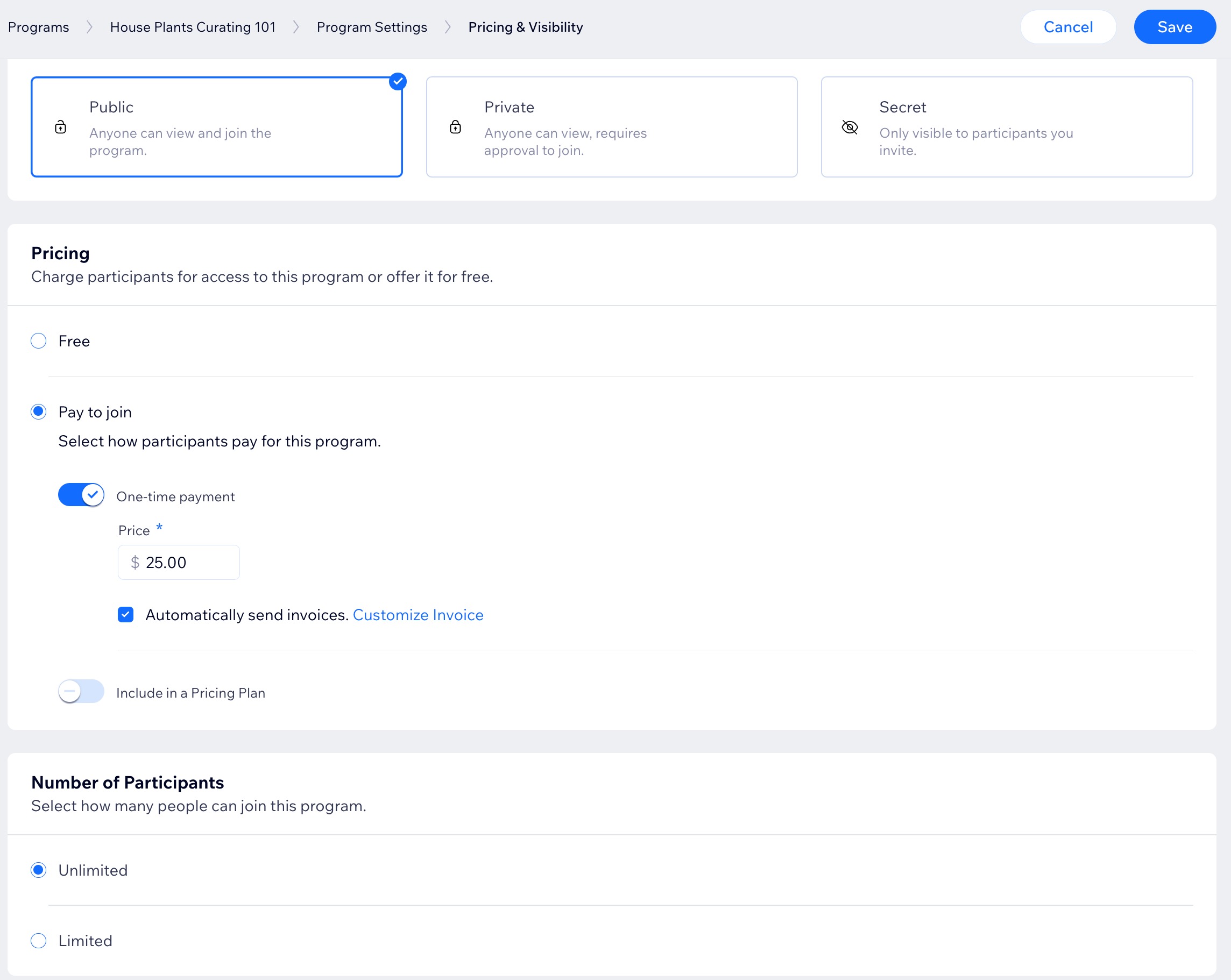 Uma captura de tela do painel Configurações do programa para Preço e visibilidade no painel de controle de um site.