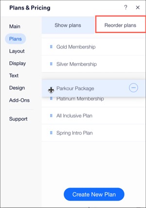 A screenshot showing how to reorder your pricing plans in the Wix Editor.