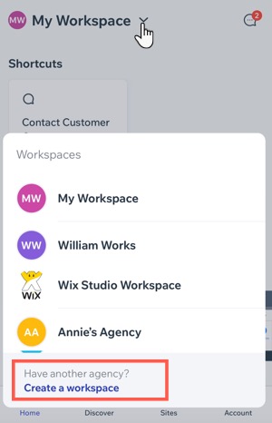 Screenshot des Aufklappmenüs „Workspace“ in der Studio-App