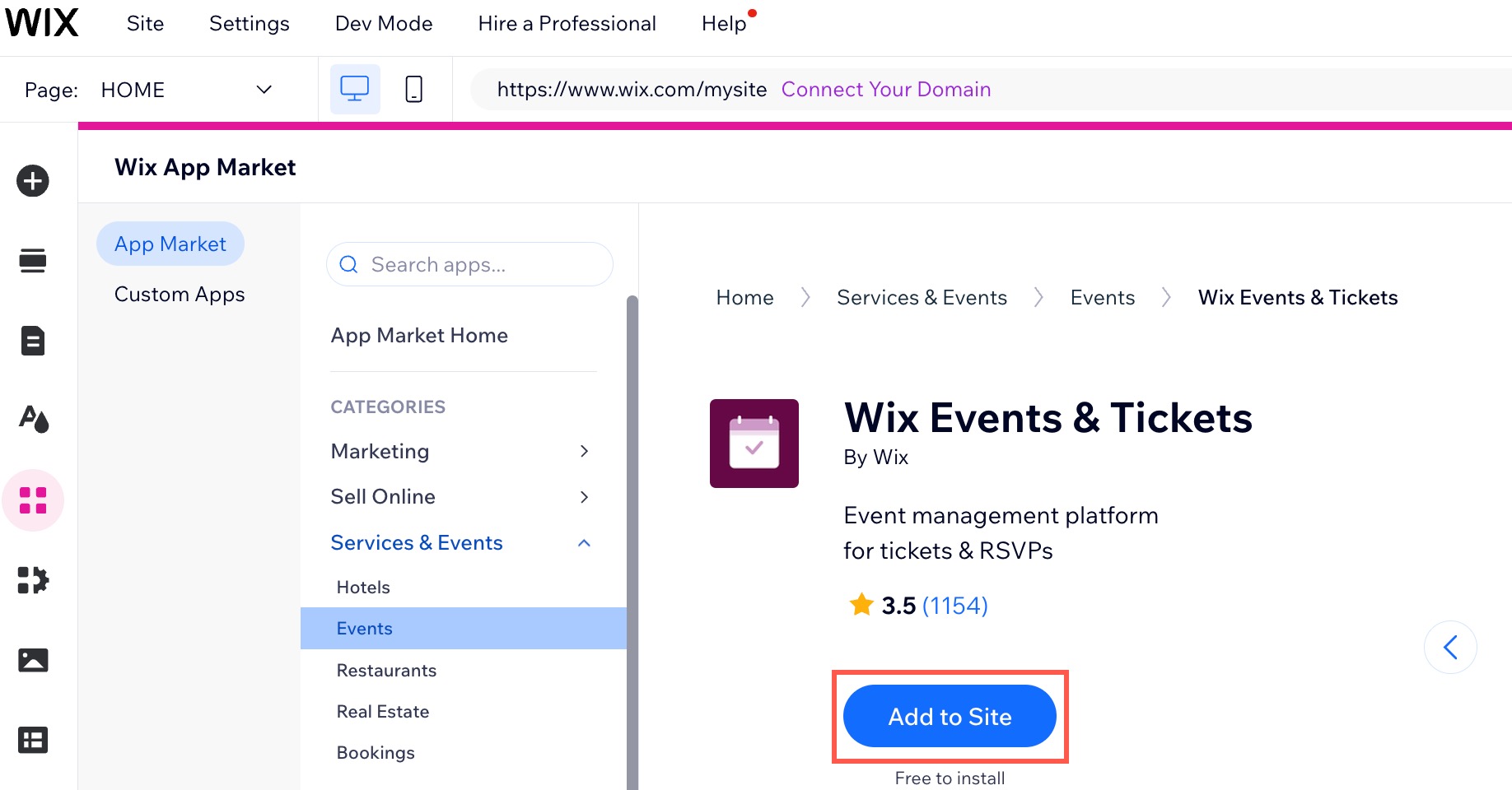 Captura de pantalla del App Market con Wix Eventos y entradas, desde el Editor de Wix.