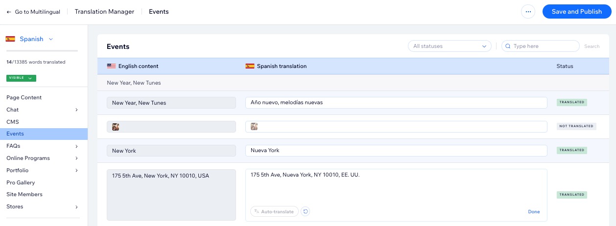 A screenshot of the translation manager in a site's dashboard.