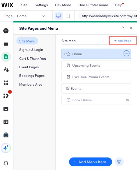 A screenshot of the Pages & Menu panel in the Wix Editor.
