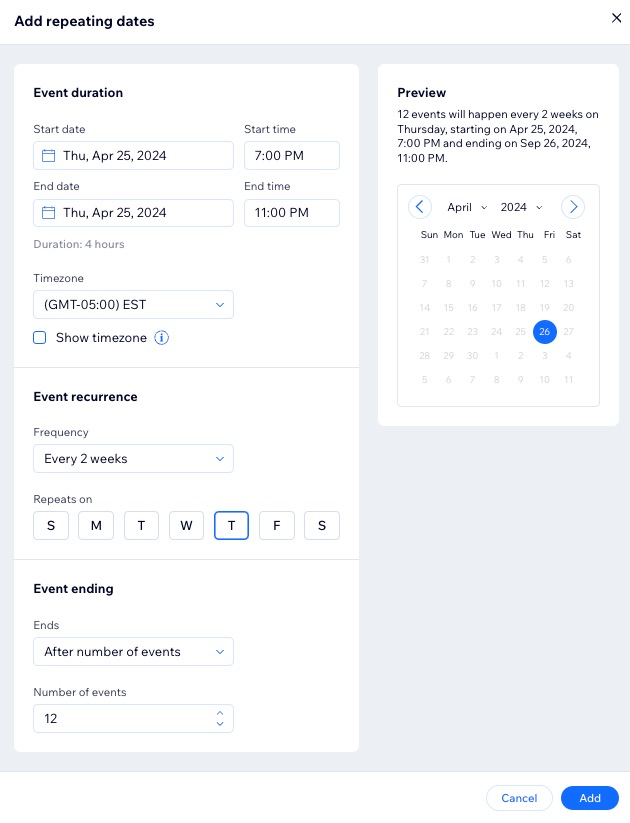 A screenshot of the Add repeating dates panel.