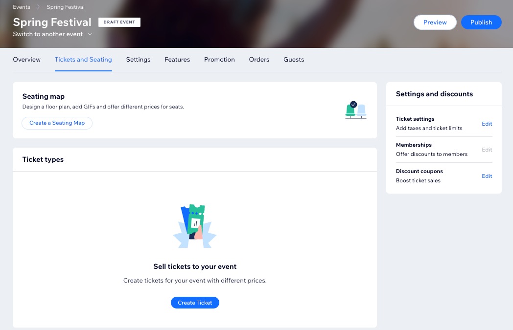 A screenshot of the Tickets and Seating tab to start creating one or more ticket types.