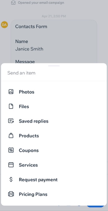 A screenshot displaying the various options to send in a message in the Wix Owner app.