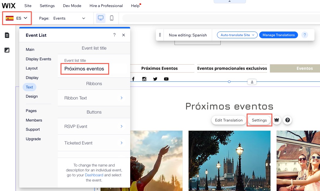 A screenshot of the translation element on the Events Pages widget in the Wix Editor.