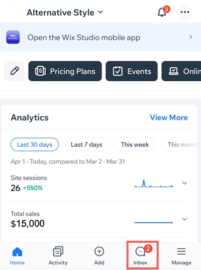 Screenshot dell'icona Posta in arrivo nell'app Wix Owner