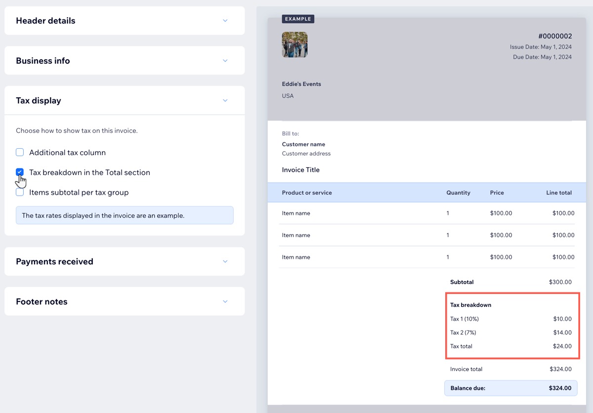 A screenshot of selecting the Tax breakdown in the Total section of an invoice.