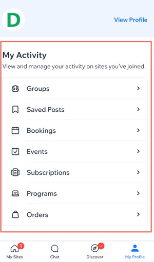 A screenshot of the My Activity screen on the Spaces app.