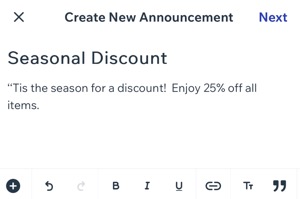 A screenshot of Creating a new announcement in the Wix Owner app.