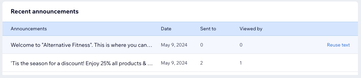 A screenshot of existing announcements available to duplicate from a site's dashboard.