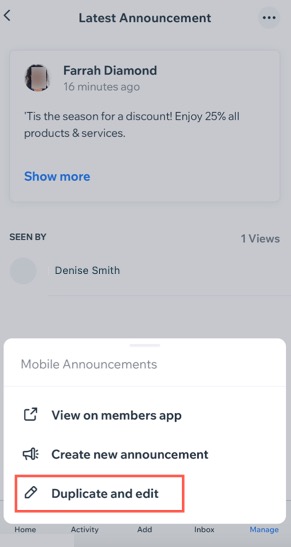 A screenshot of the Duplicate and edit option on the Wix Owner app.