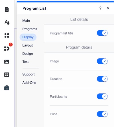 A screenshot of the Program List settings you can design in the Wix Editor.