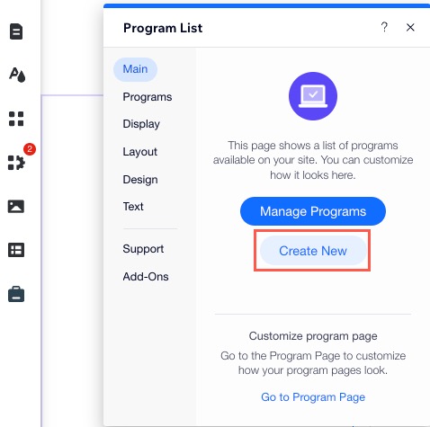 Een screenshot van het klikken op Nieuw programma maken vanuit het Programmalijst-element in de Wix Editor.