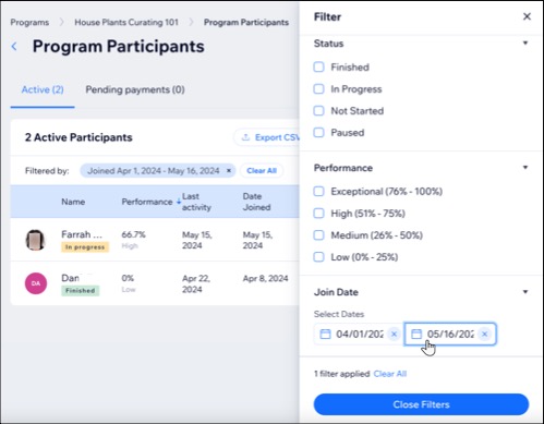 Une capture d'écran du filtrage d'une liste de participants.