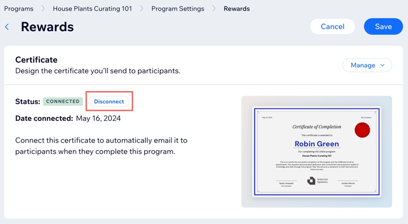 A screenshot of Disconnecting a certificate from a program.