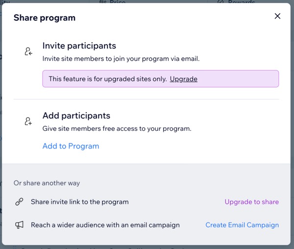 A screenshot of the Share Program drop-down where you can invite or add participants to your program.