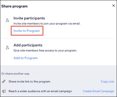 A screenshot of the Invite participants option to share a program.