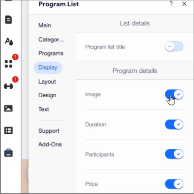 Wix Editor Program Listesi'ndeki Gösterim sekmesinin ekran görüntüsü.