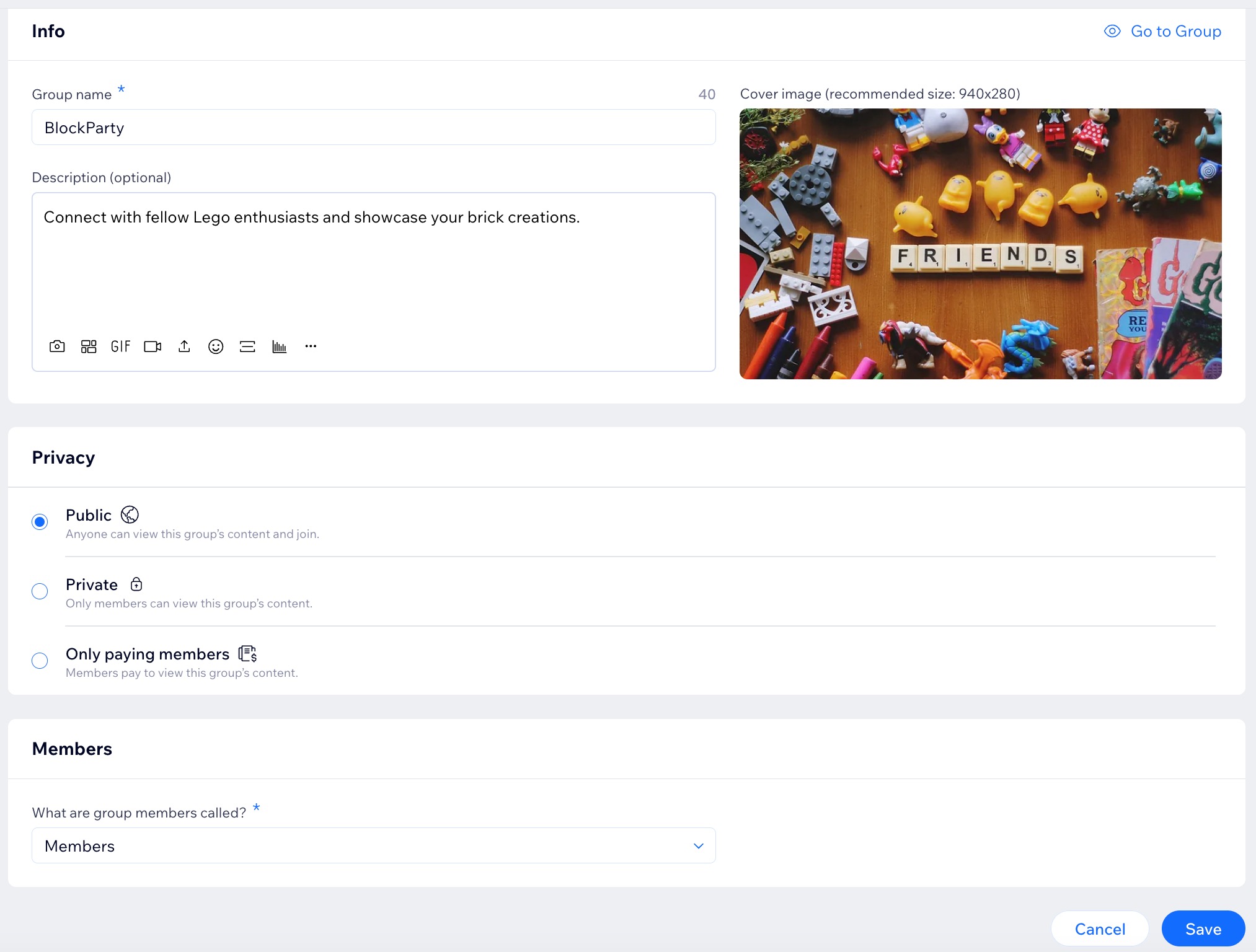 A screenshot of a group set up.