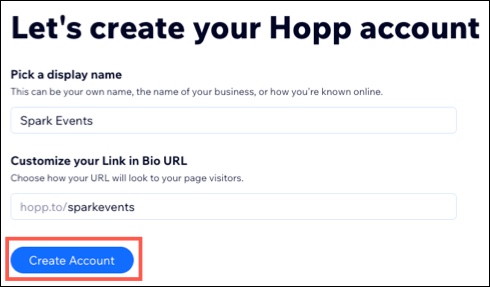 A screenshot of entering details to create a  Hopp account.