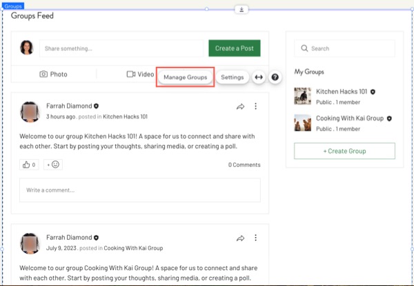 Capture d'écran du clic sur Gérer les groupes à partir de la page Groupes dans l'Éditeur Wix.