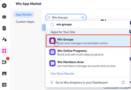 A screenshot of the Wix App Market panel when searching for Wix Groups in the Wix Editor.